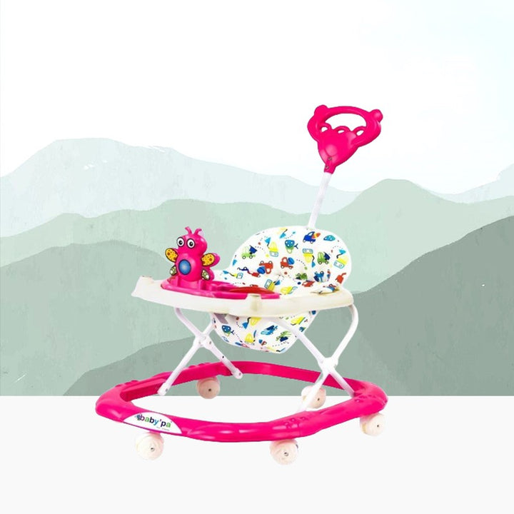 Baby Foldable Activity Walker with Rattles, Parent Handle Rod & Adjustable Height (9 Months to 1.5 Years) | COD Not Available | Butterfly  | Pink