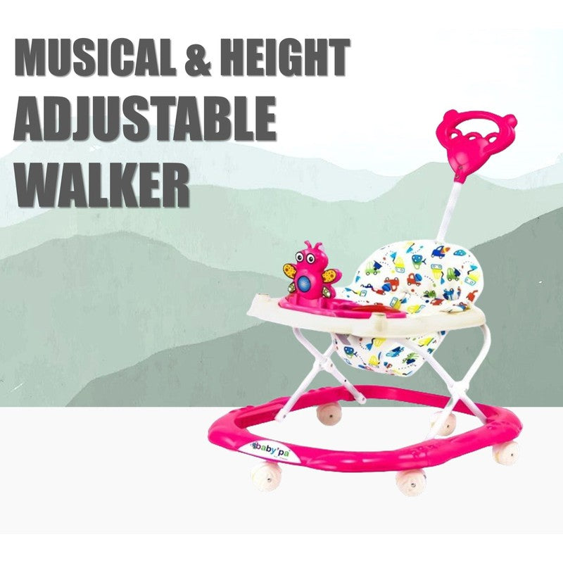 Baby Foldable Activity Walker with Rattles, Parent Handle Rod & Adjustable Height (9 Months to 1.5 Years) | COD Not Available | Butterfly  | Pink