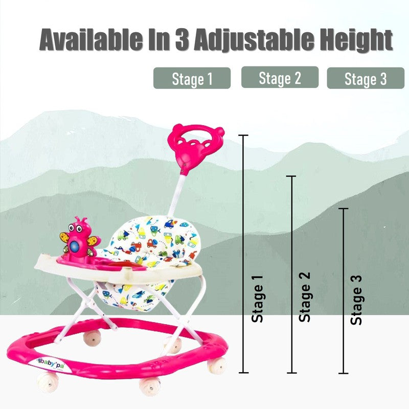 Baby Foldable Activity Walker with Rattles, Parent Handle Rod & Adjustable Height (9 Months to 1.5 Years) | COD Not Available | Butterfly  | Pink