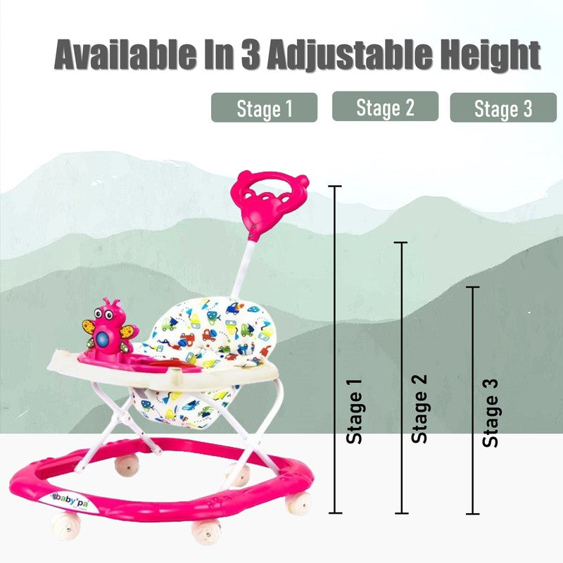 Baby Foldable Activity Walker with Rattles, Parent Handle Rod & Adjustable Height | Butterfly  | Pink