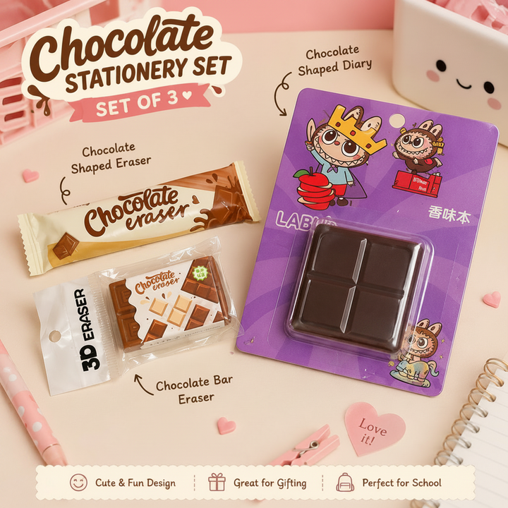 Chocolate Shaped Pocket Diary and Chocolate Bar Erasers (Set of 3)