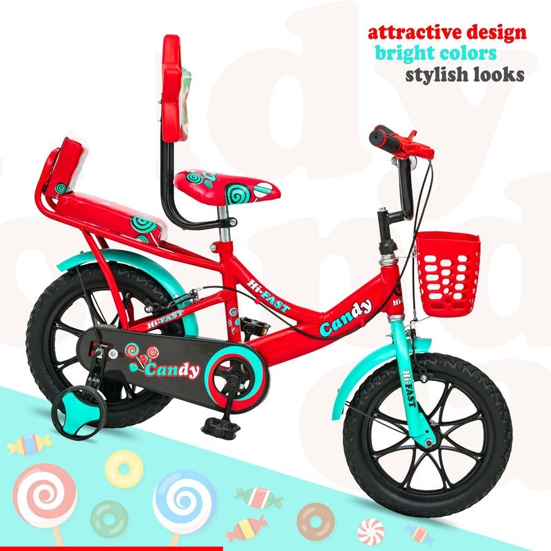 14 inch Sports Kids Cycle with Back Seat & Training Wheels (Red) - COD Not Available