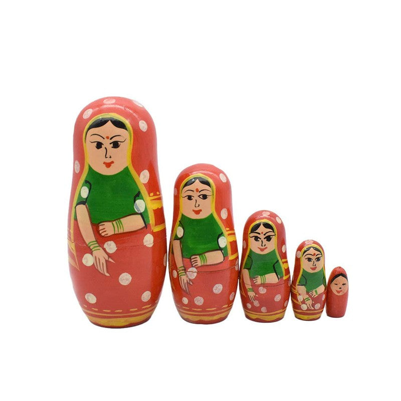 Wooden Indian Nesting Doll Set for Girls (5 Dolls)