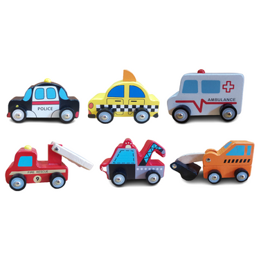 Wooden Police, Fire Brigade, Taxi, Earthmover Truck, Towing Truck, Ambulance - Multicolor (Set of 6 Car)