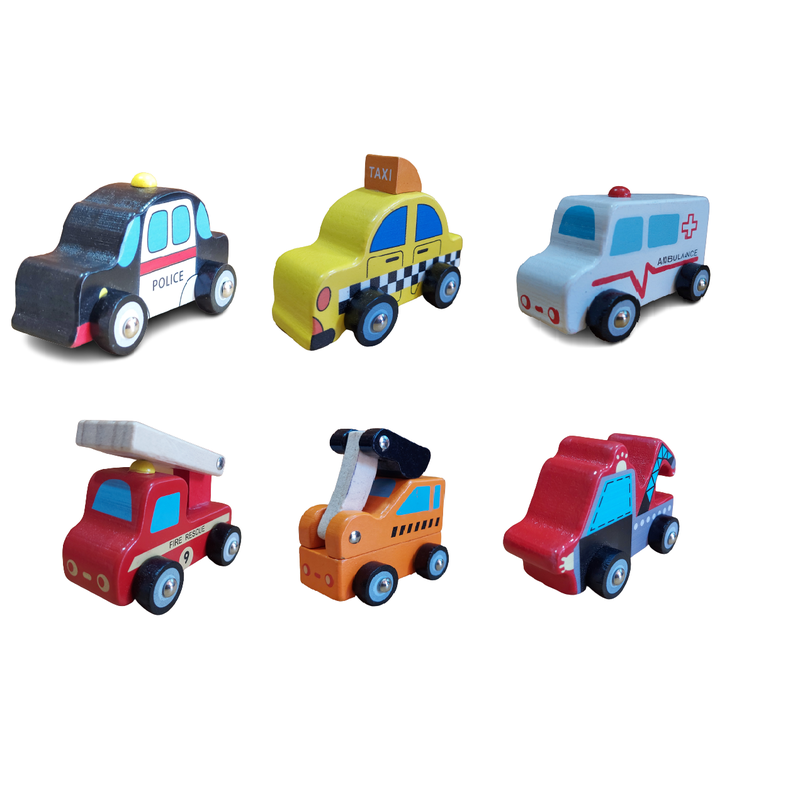 Wooden Police, Fire Brigade, Taxi, Earthmover Truck, Towing Truck, Ambulance - Multicolor (Set of 6 Car)