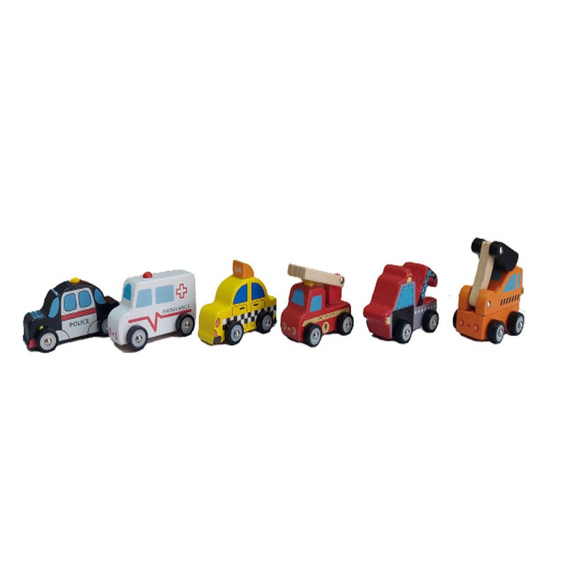 Wooden Police, Fire Brigade, Taxi, Earthmover Truck, Towing Truck, Ambulance - Multicolor (Set of 6 Car)