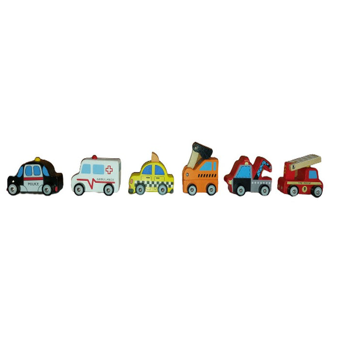 Wooden Police, Fire Brigade, Taxi, Earthmover Truck, Towing Truck, Ambulance - Multicolor (Set of 6 Car)