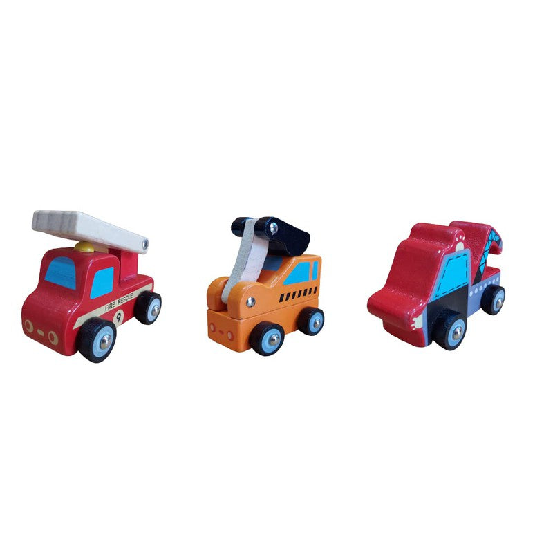 Wooden Fire Brigade, Earthmover Truck, Towing Truck - Multicolor (Set of 3)