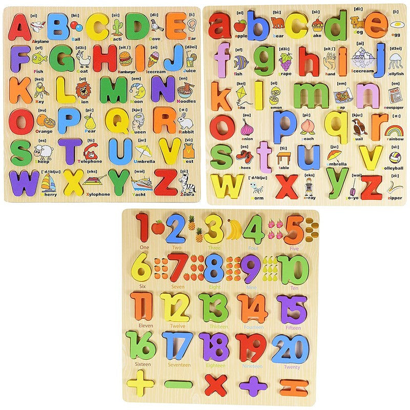 3D Wooden Capital Alphabet, Small Alphabet & Numbers Puzzle with Pictures (Combo Set of 3)