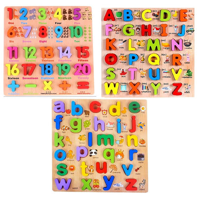 3D Wooden Capital Alphabet, Small Alphabet & Numbers Puzzle with Pictures (Combo Set of 3)