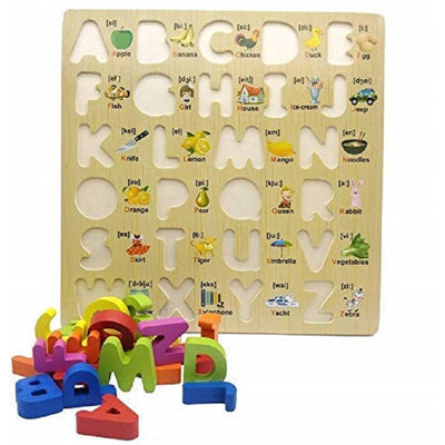 3D Wooden Capital Alphabet, Small Alphabet & Numbers Puzzle with Pictures (Combo Set of 3)