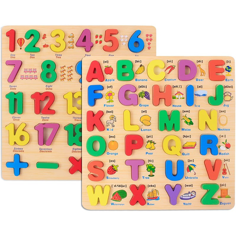 3D Wooden Capital Alphabet & Numbers Puzzle Board (Pack of 2)