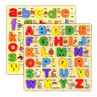 3D Wooden Capital & Small Alphabet Puzzles with Pictures Combo (Set of 2)