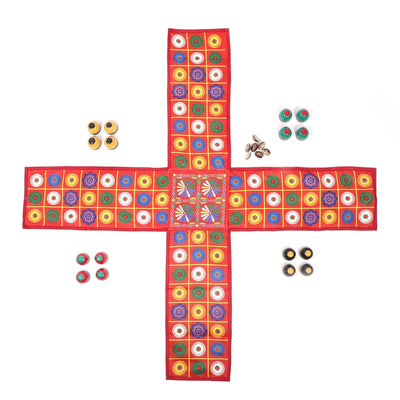 Indian Ludo Fabric Board Game | Chausar | Traditional Ludo Game with Wooden Pawns