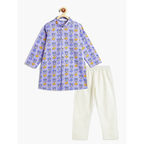 Campana Mrinal Button Down Kurta Pyjama Set for Boys - Floral Block Print | Blue & Yellow