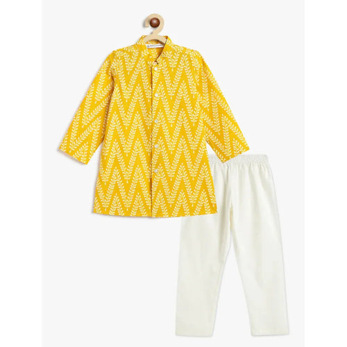 Campana Mrinal Button Down Kurta Pyjama Set for Boys - Chevron Print | Yellow & White