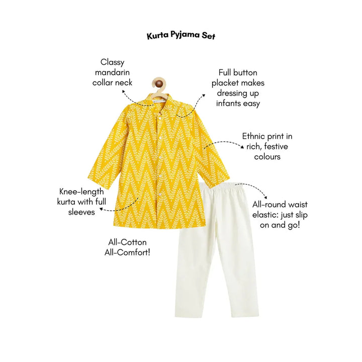 Campana Mrinal Button Down Kurta Pyjama Set for Boys - Chevron Print | Yellow & White