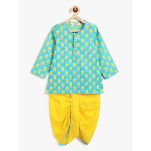 Campana Bansi Dhoti Kurta Set for Boys - Campana Boys Bansi Dhoti Kurta Set - Floral Blockprint | Turquoise Blue & Yellow