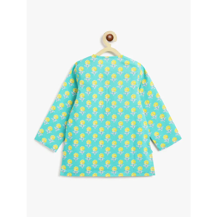 Campana Bansi Dhoti Kurta Set for Boys - Campana Boys Bansi Dhoti Kurta Set - Floral Blockprint | Turquoise Blue & Yellow