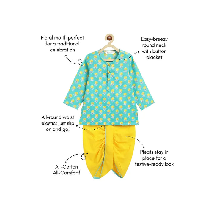 Campana Bansi Dhoti Kurta Set for Boys - Campana Boys Bansi Dhoti Kurta Set - Floral Blockprint | Turquoise Blue & Yellow