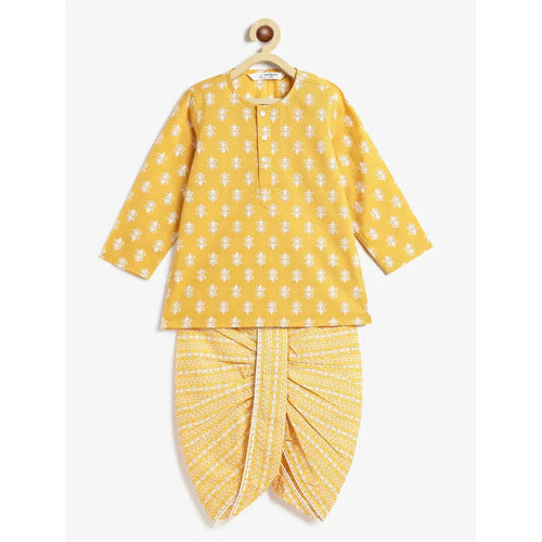 Campana Boys Bansi Floral Printed Cotton Kurta Dhoti Set | Yellow & Off White