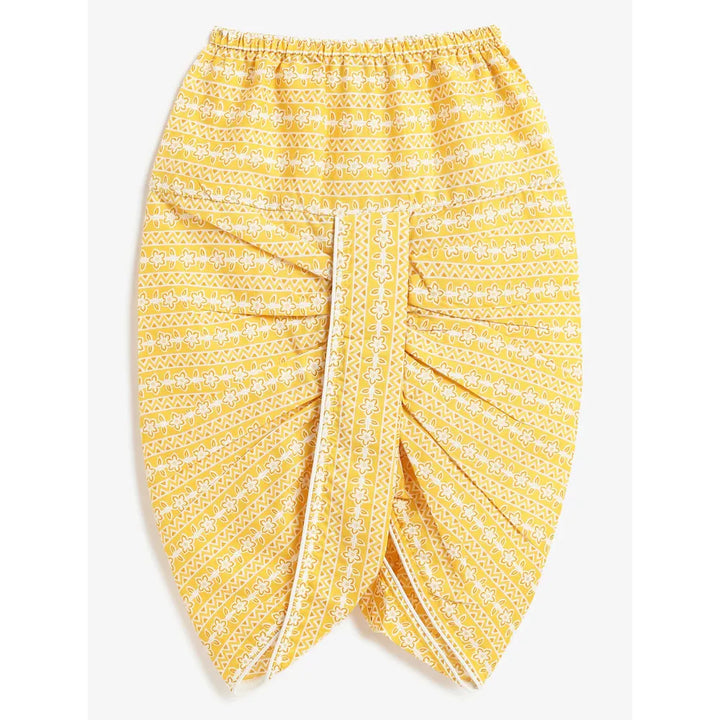 Campana Boys Bansi Floral Printed Cotton Kurta Dhoti Set | Yellow & Off White
