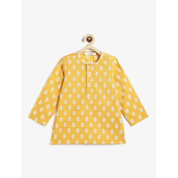 Campana Boys Bansi Floral Printed Cotton Kurta Dhoti Set | Yellow & Off White