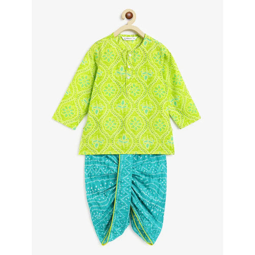 Campana Bansi Dhoti Kurta Set for Boys - Bandhini Print | Lime Green & Blue