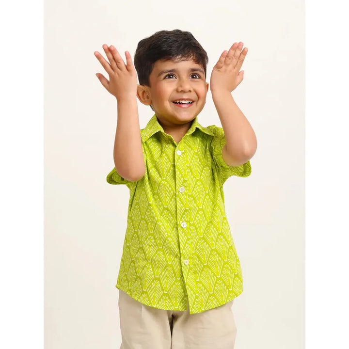 Campana Yuki Short Sleeve Cotton Shirt - Leaf Print | Green