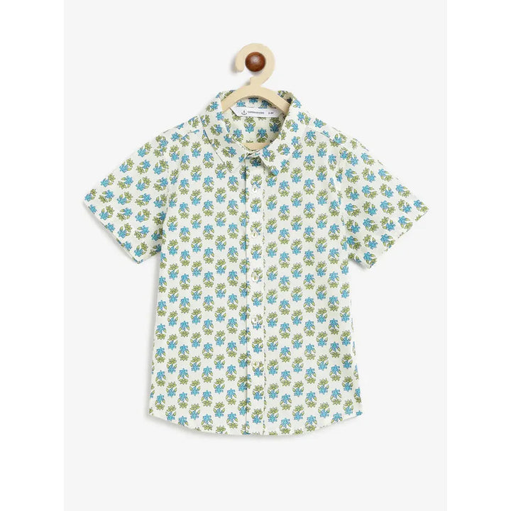 Campana Yuki Short Sleeve Cotton Shirt - Block Print | White, Blue & Green