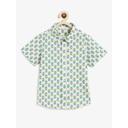 Campana Yuki Short Sleeve Cotton Shirt - Block Print | White, Blue & Green