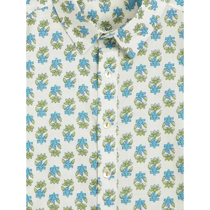 Campana Yuki Short Sleeve Cotton Shirt - Block Print | White, Blue & Green