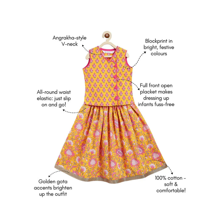 Campana Mrinal Papiha Lehenga Choli Set - Floral Print | Yellow & Pink