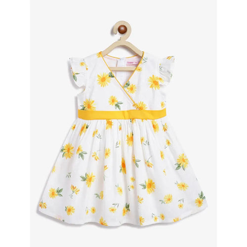 Campana Ruby Crossover Cotton Dress - Sunflower Print | White & Yellow