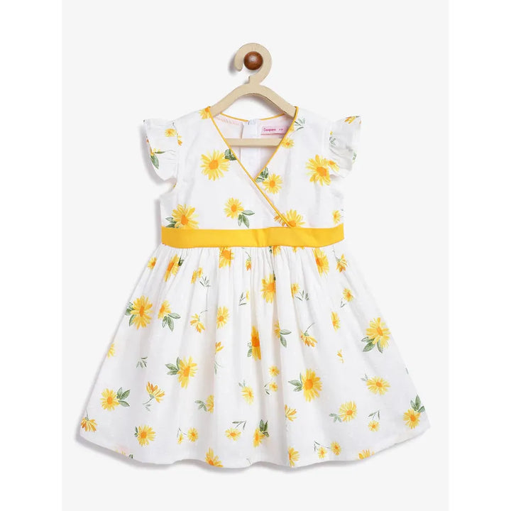 Campana Ruby Crossover Cotton Dress - Sunflower Print | White & Yellow