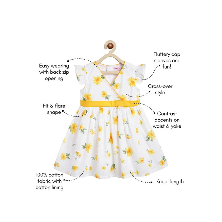 Campana Ruby Crossover Cotton Dress - Sunflower Print | White & Yellow