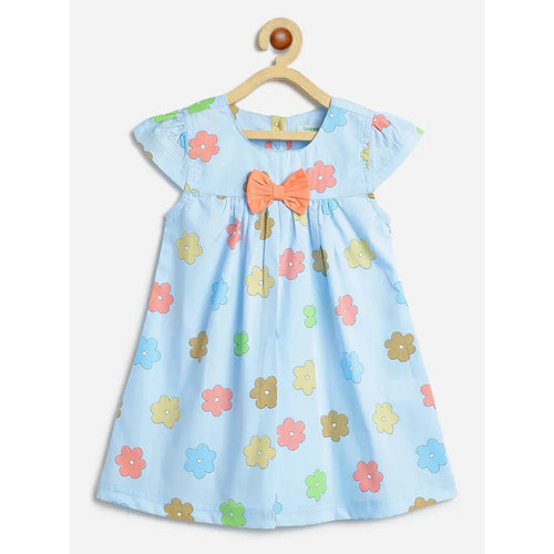 Campana Suzy Floral Print Cotton Dress with Bow | Sky Blue & Peach