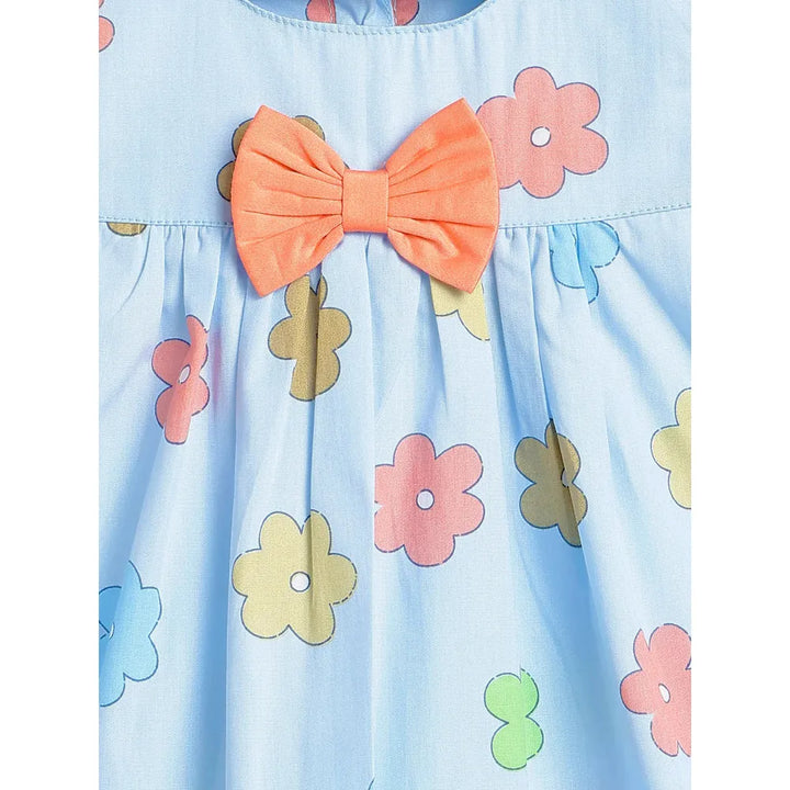 Campana Suzy Floral Print Cotton Dress with Bow | Sky Blue & Peach