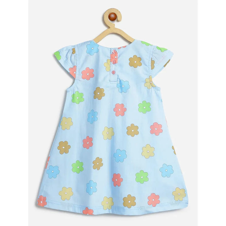 Campana Suzy Floral Print Cotton Dress with Bow | Sky Blue & Peach