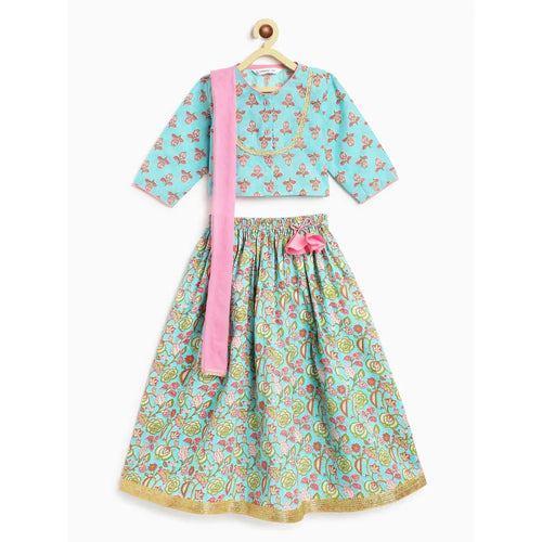 Campana Koel Lehenga Set - Flower Bud Print | Sky Blue & Pink