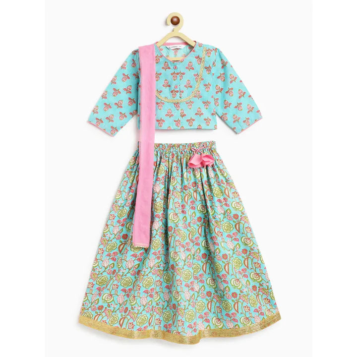 Campana Koel Lehenga Set - Flower Bud Print | Sky Blue & Pink