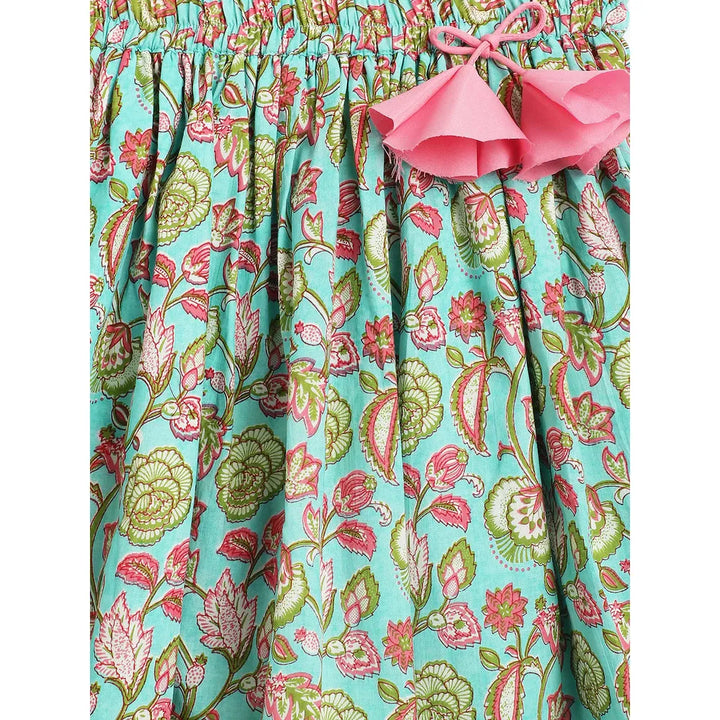 Campana Koel Lehenga Set - Flower Bud Print | Sky Blue & Pink