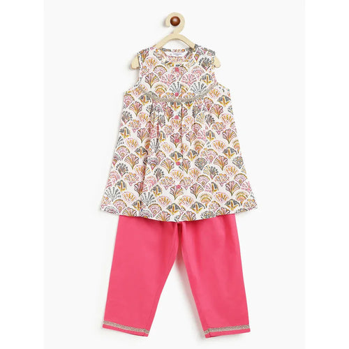 Campana Revathi Block Print Cotton Kurti Pants Set | White & Pink
