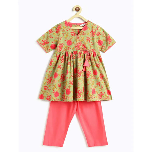 Campana Nihira Floral Printed Kurta Pants Set | Green & Peach