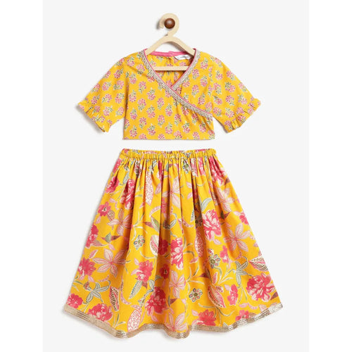 Campana Heera Lehenga Choli Set - Floral Block & Jaal Print | Yellow & Pink
