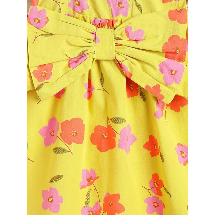Campana Claire Pure Cotton Floral Printed Dress with Bow | Yellow