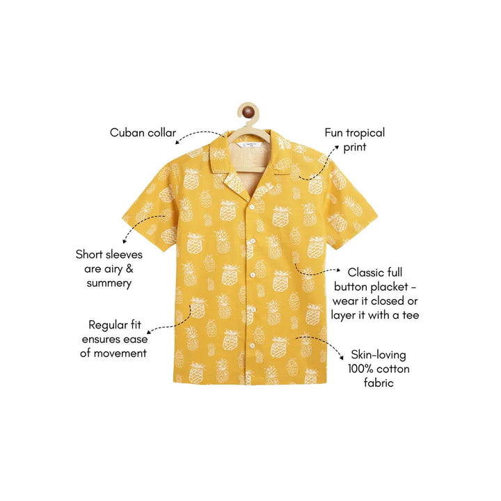 Campana Kenji Half Sleeves Printed Cotton Shirt - Pineapple Print | Yellow