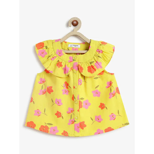 Campana Nina Pure Cotton Frilled Yoke Printed Top | Yellow