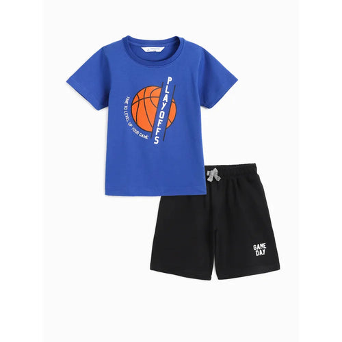 Campana Daniel Half Sleeves T-Shirt with Shorts Set - Basketball Print | Purplish Blue & Black