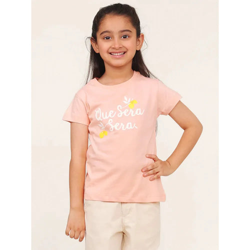 Campana Zuri Half Sleeves Typography Printed T-Shirt | Peach